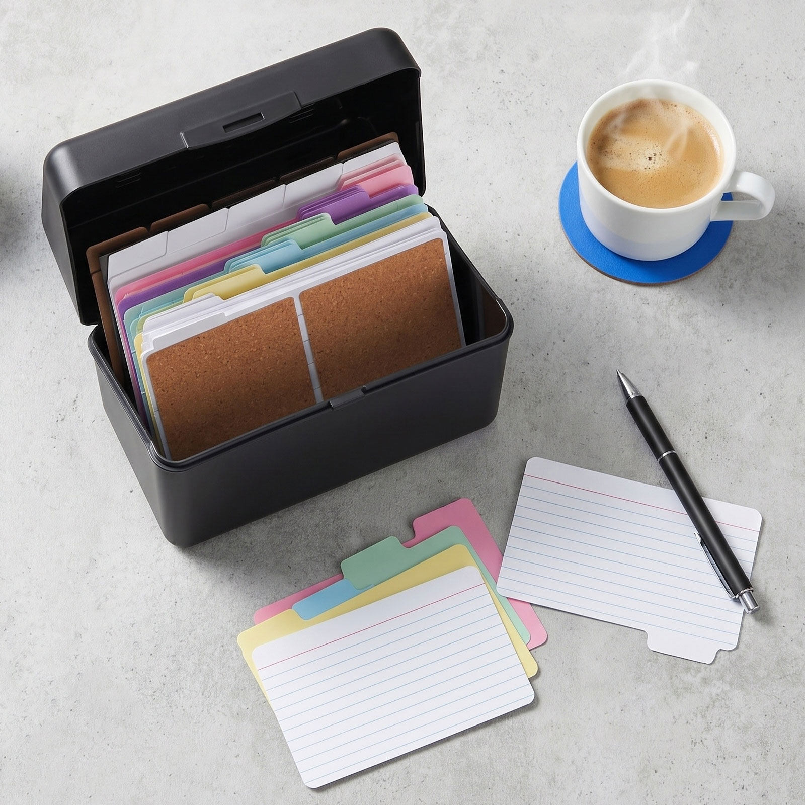 Card Index Box - ชุดกล่องเก็บการ์ดตั้งโต๊ะ 2 ชุด สีดำ ชุดจัดระเบียบการ์ดพร้อมการ์ดมีเส้นสี ห่วงเหล็กสำหรับเก็บเอกสาร