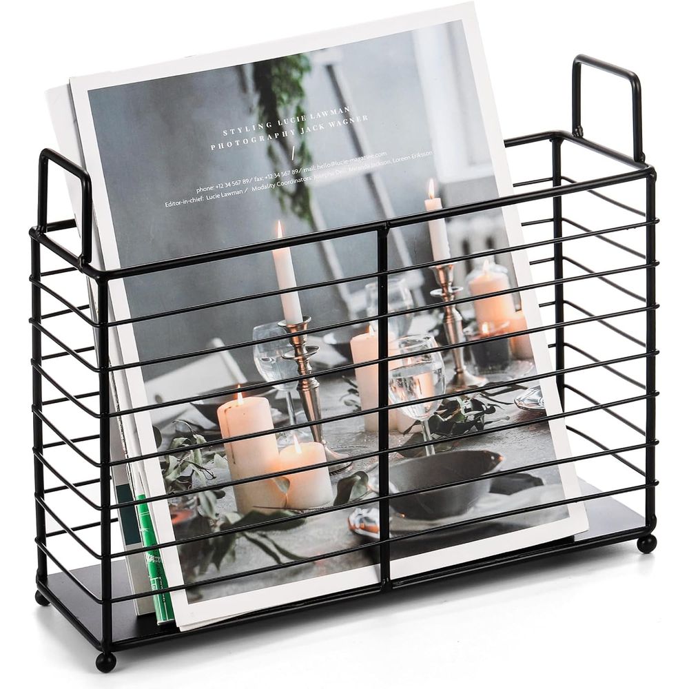 Magazine Holder Rack - ชั้นวางนิตยสารโลหะ, ตะกร้าเก็บหนังสือพิมพ์ แท็บเล็ต, ที่ใส่จดหมายพร้อมที่จับ, ที่วางของแบบมีขาตั้งลวดเหล็กสีดำ
