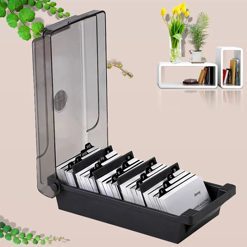 Card Index Box - ที่ใส่นามบัตร, กล่องเก็บนามบัตรพลาสติกออแกไนเซอร์พร้อมวงเวียน 4 อันและแท็บดัชนี, เก็บการ์ดได้สูงสุด 500